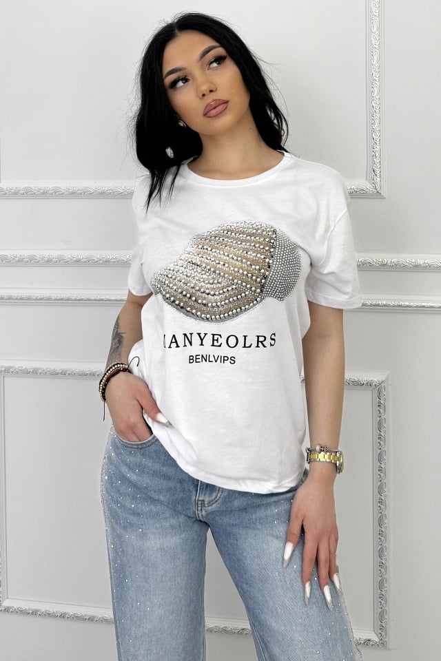 Reducere 40% - Tricou de dama din bumbac, Lumiberet cu pietre si imprimeu, Alb 1 Tricou de dama din bumbac