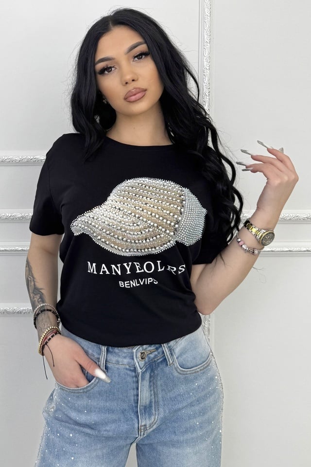 Reducere 40% - Tricou de dama din bumbac, Lumiberet cu pietre si imprimeu, Negru 1 Tricou de dama din bumbac