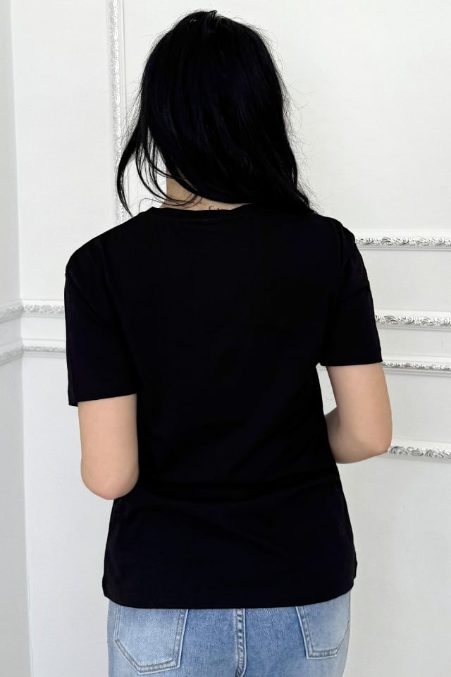 Reducere 40% - Tricou de dama din bumbac, Lumiberet cu pietre si imprimeu, Negru 2 Lumiberet cu pietre si imprimeu