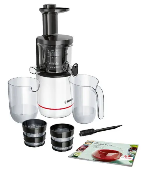Reducere 15% - Storcator de fructe Bosch VitaExtract MESM500W, 150 W, 55 rpm, 2 filtre, melc din Tritan, reverse, DripStop (Alb) 1 Storcator de fructe Bosch VitaExtract MESM500W