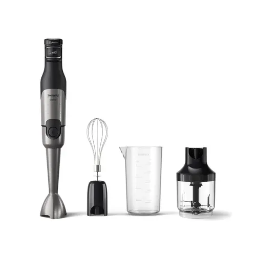Reducere 6% - Mixer vertical Philips HR2683/00 Seria 5000, 1200 W, Tehnologie SpeedTouch, Aparatoare impotriva stropirii pentru lama, Indicator de viteza cu LED, Accesorii tel si tocator (Negru/Argintiu) 1 Mixer vertical Philips HR2683/00 Seria 5000