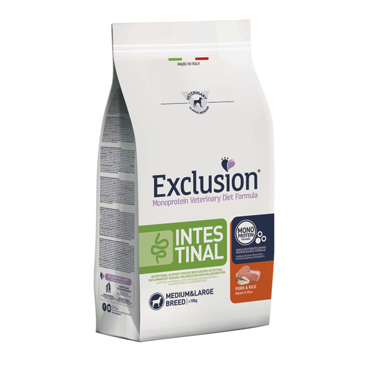 Reducere 30% - EXCLUSION Monoprotein VD Intestinal Medium&Large M-XL, Porc și Orez, dietă veterinară, hrană uscată câini, sistem digestiv, 12kg 2 Porc și Orez
