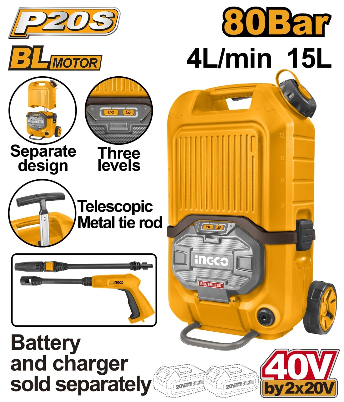Reducere 23% - Aparat de Spalat cu Presiune turbojet 40V, 90bar, 15l, electric pe acumulator Ingco CPWLI4006 1 Aparat de Spalat cu Presiune turbojet 40V