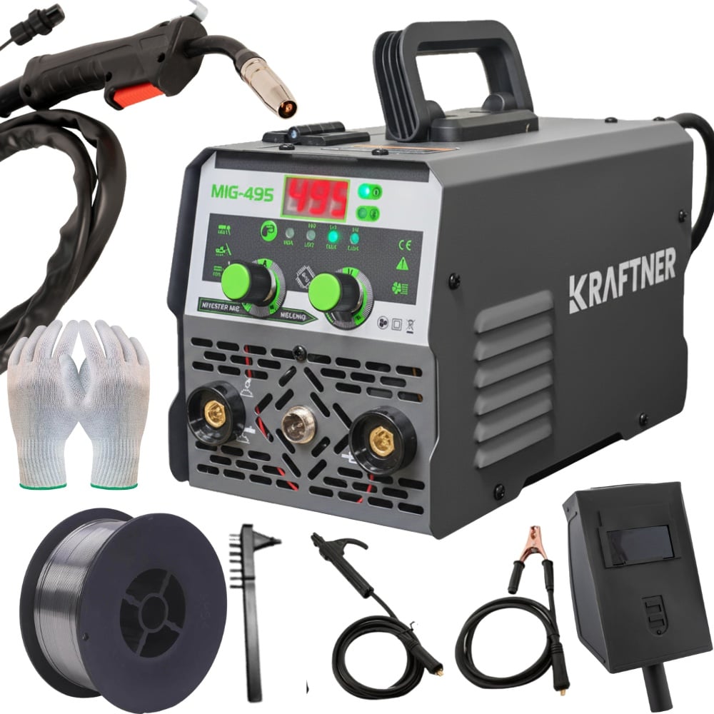 Reducere 35% - Aparat de sudura invertor sarma fara gaz MIG MMA TIG, 3 IN 1, 495A, sarma de sudura inclusa, manusi protectie, masca cadou KRAFTNER KF-5943 1 Aparat de sudura invertor sarma fara gaz MIG MMA TIG