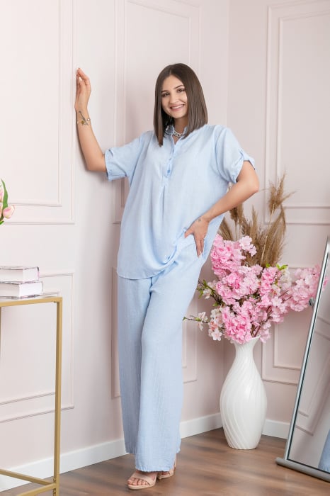Reducere 50% - Pantaloni palazzo Athena cu talie elastica si insertii argintii - Bleu 1 Pantaloni palazzo Athena cu talie elastica si insertii argintii - Bleu