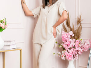 Pantaloni palazzo Athena cu talie elastica si insertii argintii - Ecru