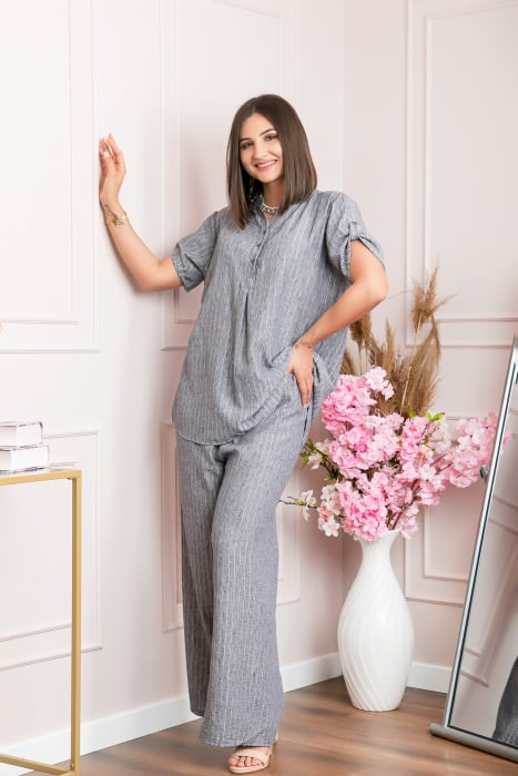 Reducere 50% - Pantaloni palazzo Athena cu talie elastica si insertii argintii - Gri 1 Pantaloni palazzo Athena cu talie elastica si insertii argintii - Gri