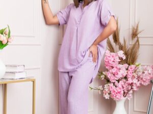 Pantaloni palazzo Athena cu talie elastica si insertii argintii - Lila