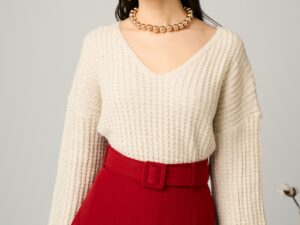 Bluza casual din tricot ivory cu paiete si fir lurex