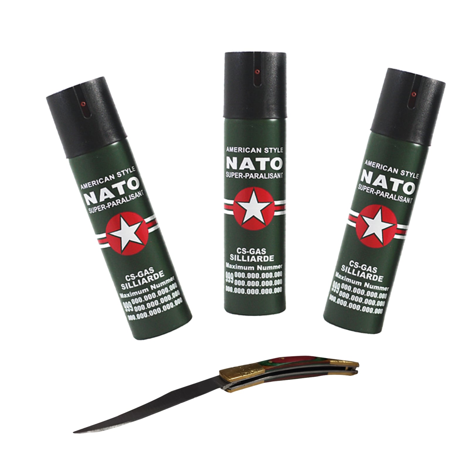 Reducere 50% - Set 3 sprayuri NATO, cadou briceag model spaniol 21 cm 1 Set 3 sprayuri NATO