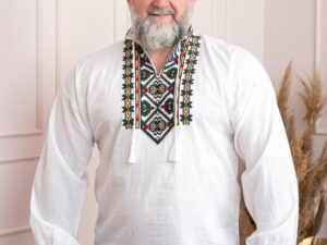 Camasa barbateasca traditionala alba cu motiv floral verde Catalin