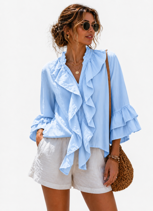Reducere 35% - Camasa din bumbac cu volane decorative la maneci si decolteu, bleu 1 Camasa din bumbac cu volane decorative la maneci si decolteu