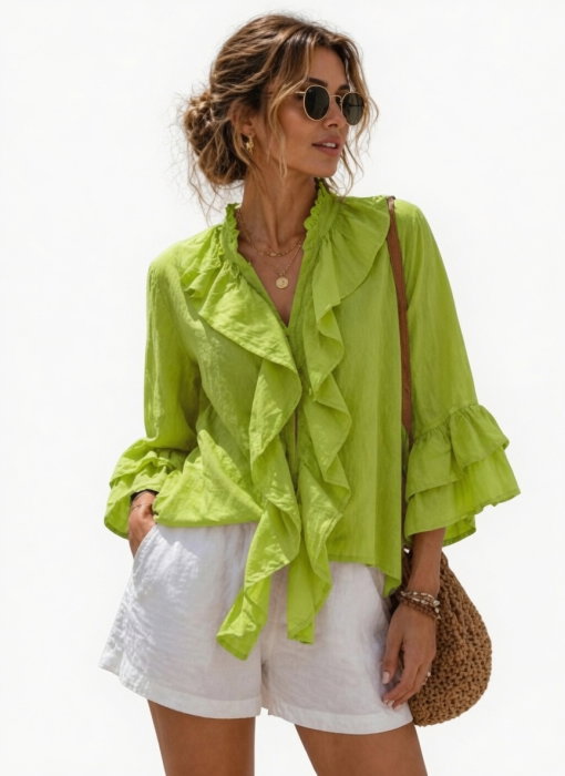 Reducere 35% - Camasa din bumbac cu volane decorative la maneci si decolteu, verde deschis 1 Camasa din bumbac cu volane decorative la maneci si decolteu