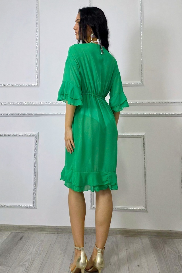 Reducere 47% - Cardigan vaporos de plaja Amber Muse, cu volane feminine si snur reglabil, Verde 2 cu volane feminine si snur reglabil