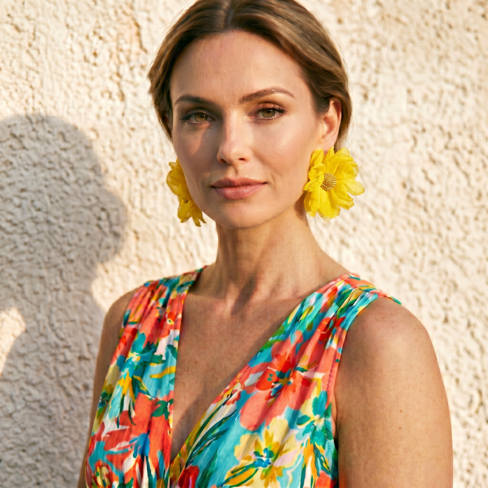 Reducere 17% - Cercei statement in forma de floare supradimensionata, design floral elegant, galben 1 Cercei statement in forma de floare supradimensionata