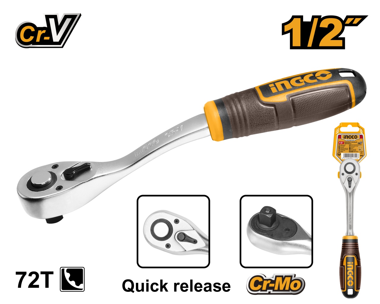 Reducere 12% - Cheie cu Clichet Tubulare 1/2, 72T, 260mm, Cr-V Industrial, maner pvc Ingco HRTH8412 1 Cheie cu Clichet Tubulare 1/2