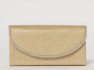 Clutch auriu elegant cu clapeta curbata decorata cu strasuri