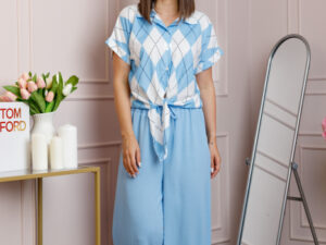 Compleu dama bleu cu pantaloni largi si bluza cu nod Candice