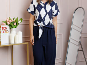 Compleu dama bleumarin cu pantaloni largi si bluza cu nod Candice