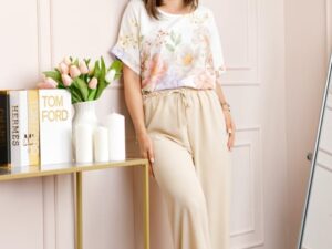 Compleu dama Deborah cu bluza vaporoasa si pantaloni largi - Crem
