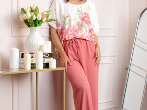 Compleu dama Deborah cu bluza vaporoasa si pantaloni largi - Roz somon