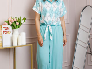 Compleu dama turcoaz deschis cu pantaloni largi si bluza cu nod Candice