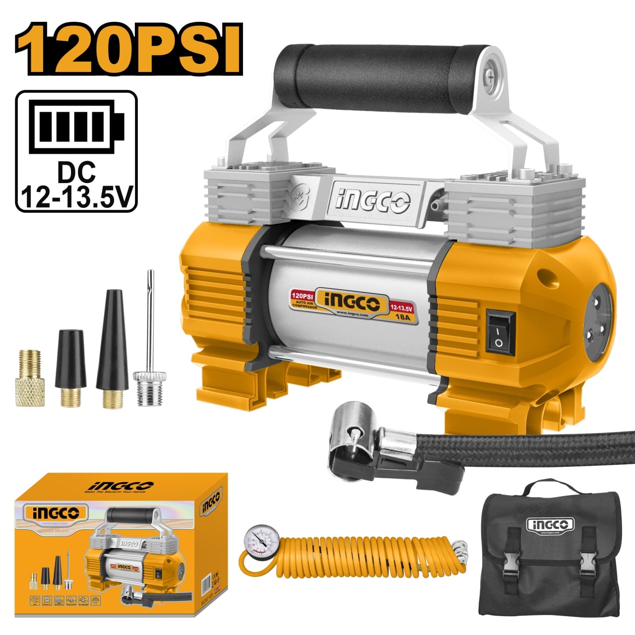 Reducere 29% – Compresor aer Auto 12V cu 2 Cilindri 8bar, 120PSI Ingco AAC2508 1 Compresor aer Auto 12V cu 2 Cilindri 8bar