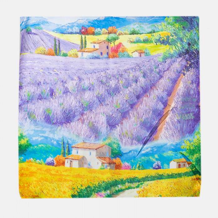Reducere 33% - Esarfa patrata cu o singura fata imprimata cu model inspirat a unui tablou cu gradina de lavanda 1 Esarfa patrata cu o singura fata imprimata cu model inspirat a unui tablou cu gradina de lavanda