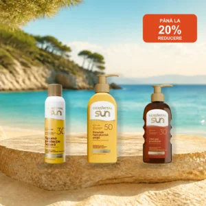 Produse Gerovital Sun SPF30 și SPF50 din promoția Farmec, pe fundal de plajă