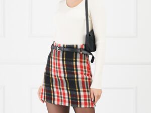 Fusta Simona rosie cu carouri negru-galben si curea in talie