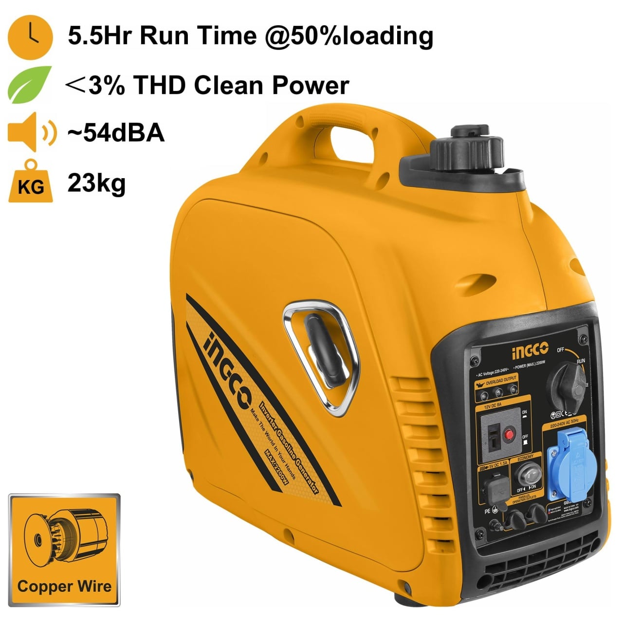 Reducere 16% - Generator Invertor curent silentios 2.2KW 4 timpi, 54dB, 23kg Ingco GEI30001 1 Generator Invertor curent silentios 2.2KW 4 timpi