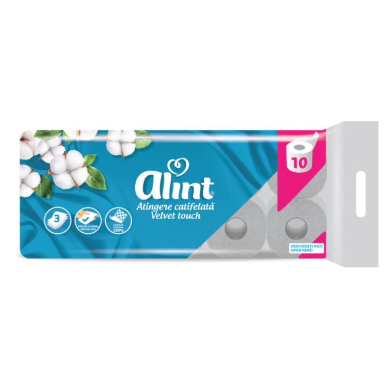 Reducere 14% - Hartie Igienica Alint Practic, Alb Catifelat Velvet Touch, 3 Straturi, 10 Role 1 Hartie Igienica Alint Practic