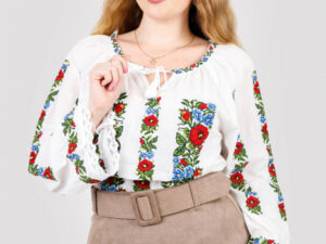 Ie traditionala alba cu motiv floral rosu Paulina