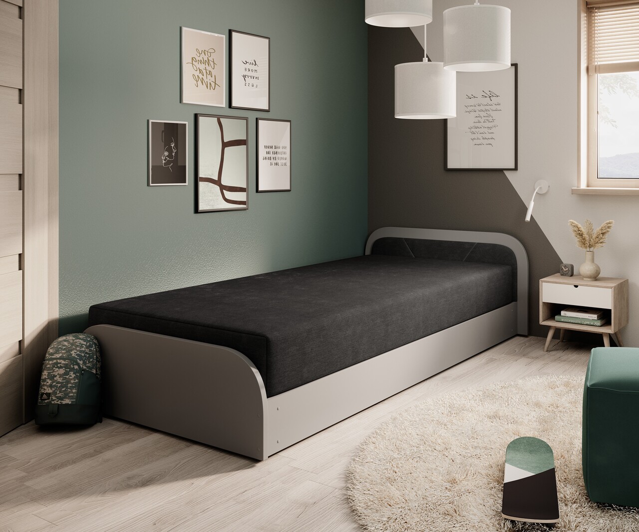 Reducere 13% - Pat pentru camera copilului, deschidere dreapta, 80x190 cm, ELTAP, RT-GR-04AL, Parys, lemn/poliester, gri deschis/negru 1 Pat pentru camera copilului