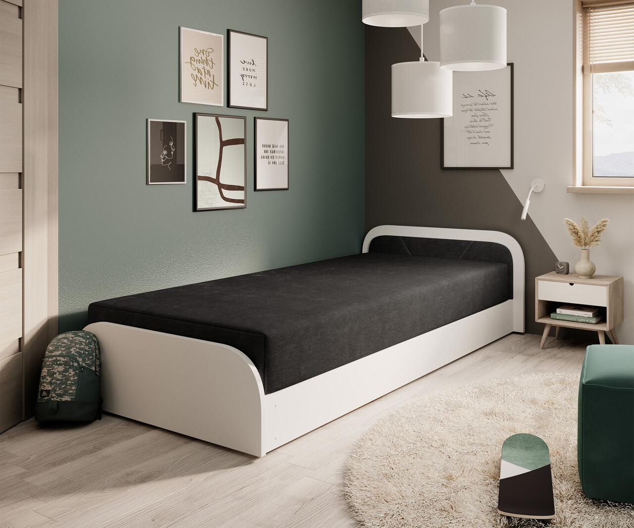Reducere 13% - Pat pentru camera copilului, deschidere dreapta, 80x190 cm, ELTAP, RT-W-04AL, Parys, lemn/poliester, alb/negru 1 Pat pentru camera copilului