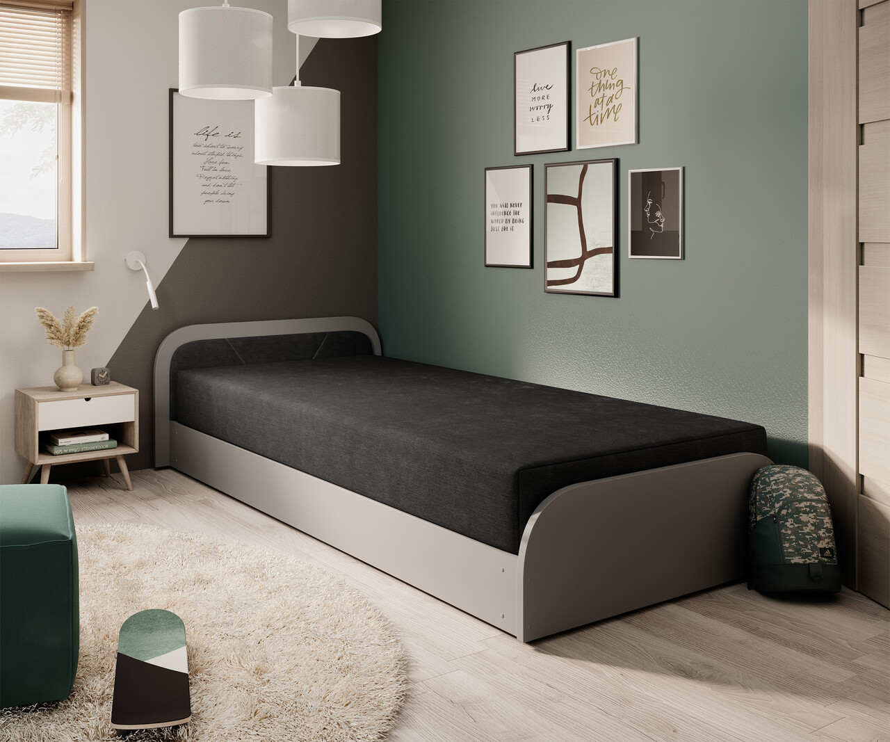 Reducere 13% - Pat pentru camera copilului, deschidere stanga, 80x190 cm, ELTAP, LT-GR-04AL, Parys, lemn/poliester, gri deschis/negru 1 Pat pentru camera copilului