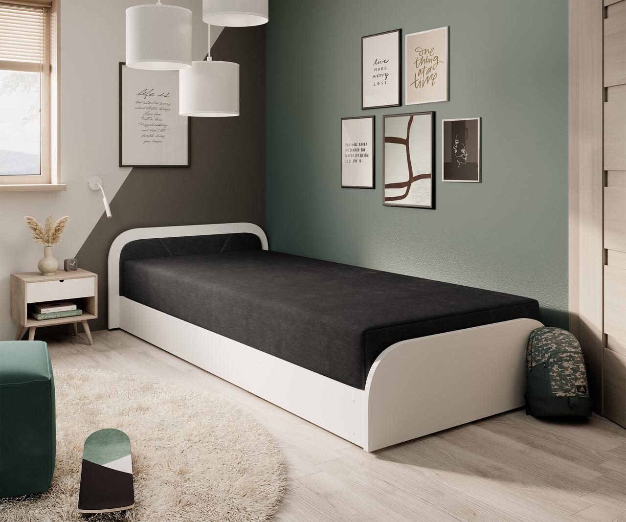 Reducere 13% - Pat pentru camera copilului, deschidere stanga, 80x190 cm, ELTAP, LT-W-04AL, Parys, lemn/poliester, alb/negru 1 Pat pentru camera copilului