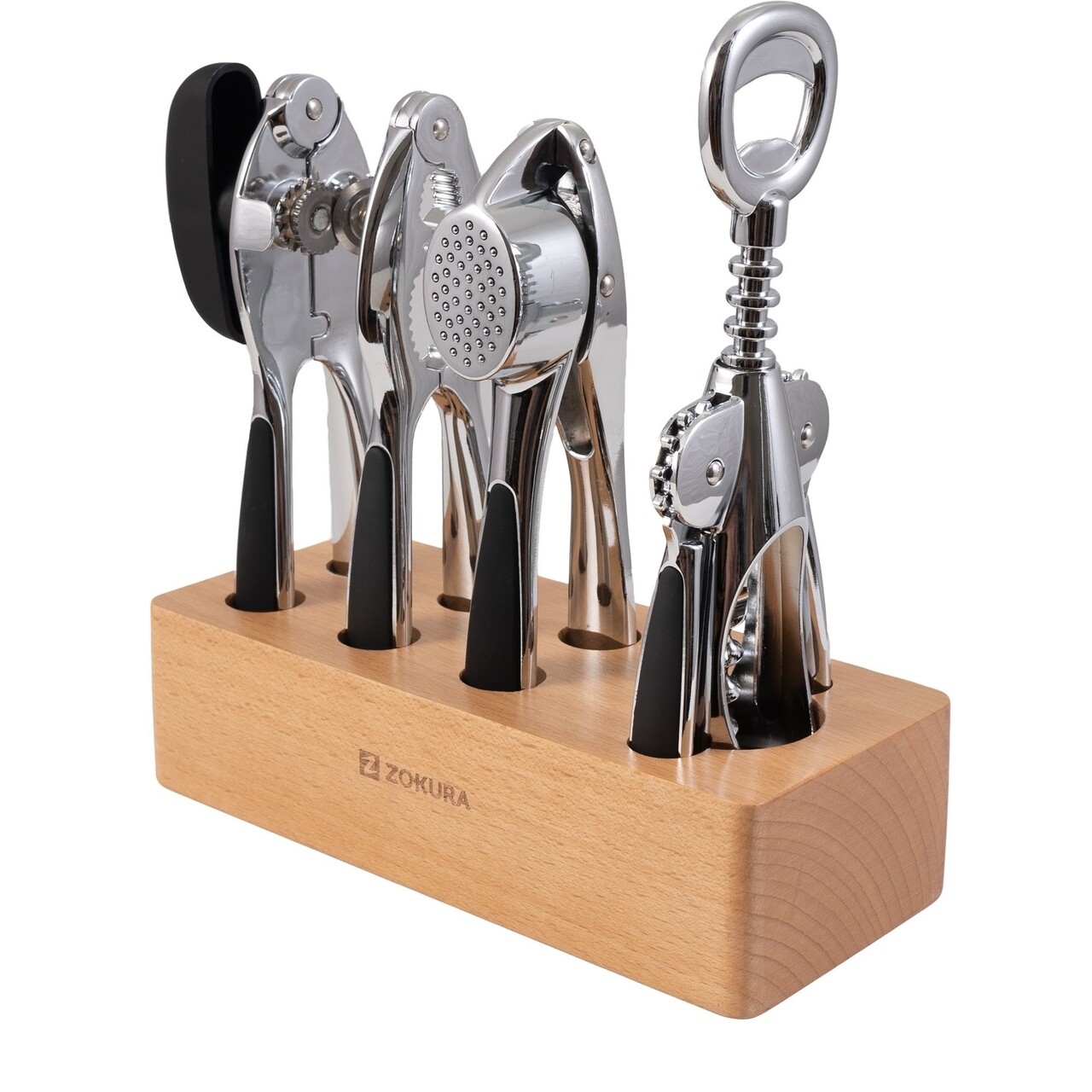 Reducere 40% - Set ustensile bucatarie, 5 piese, Zokura, zinc/lemn 1 Set ustensile bucatarie