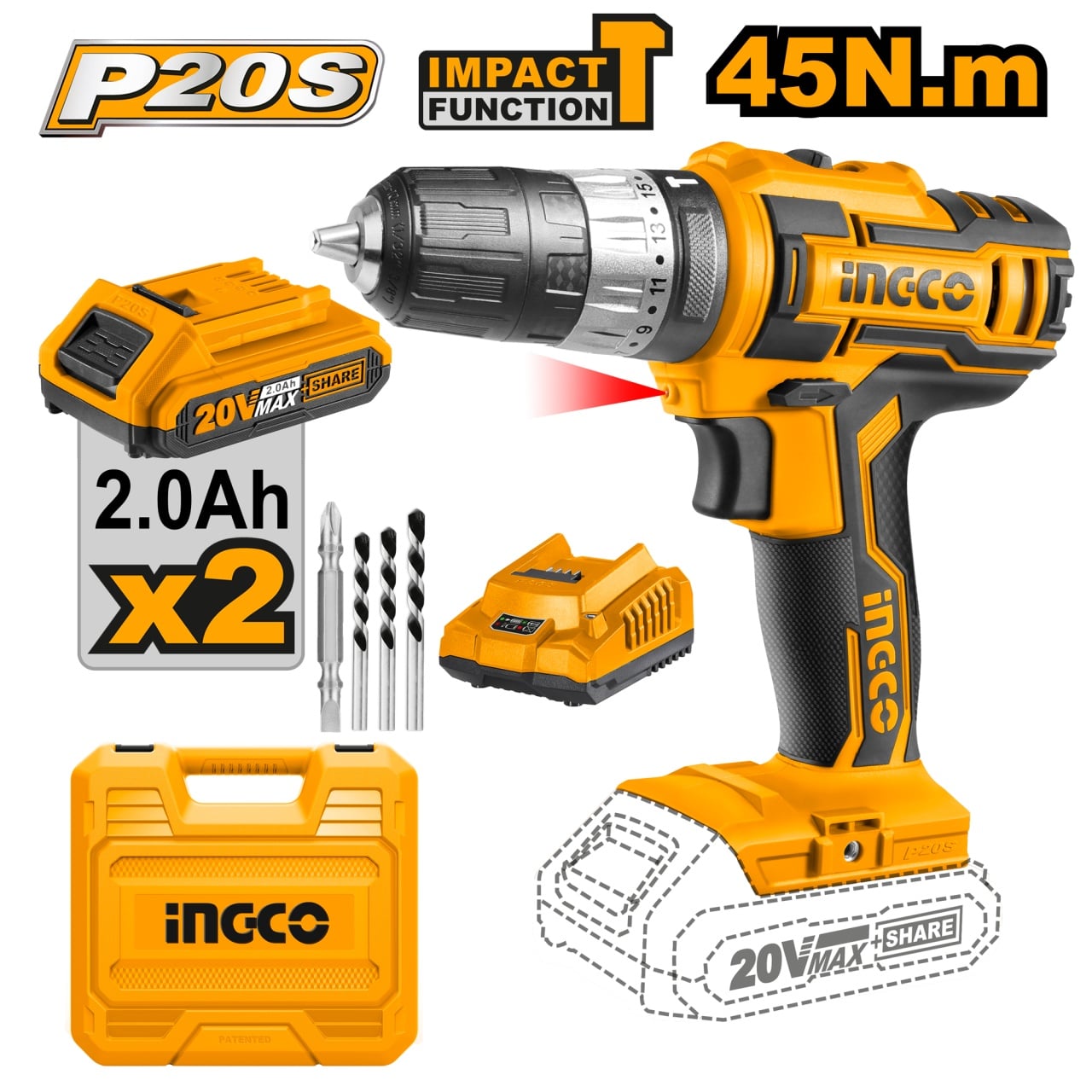 Reducere 51% - Masina de gaurit Bormasina cu impact 45Nm 20V cu 2 Acumulatori mandrina metal Ingco CIDLI2002 1 Masina de gaurit Bormasina cu impact 45Nm 20V cu 2 Acumulatori mandrina metal Ingco CIDLI2002