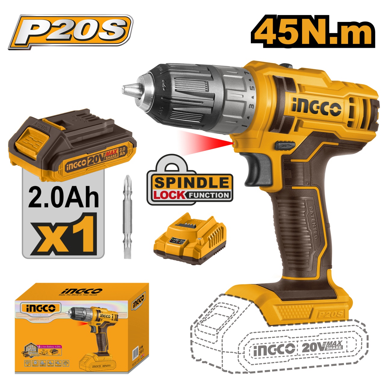 Reducere 32% - Masina de insurubat Bormasina 45nM, 15+1 trepte, 20V cu Acumulator 2Ah, Ingco CDLI20051E 1 Masina de insurubat Bormasina 45nM