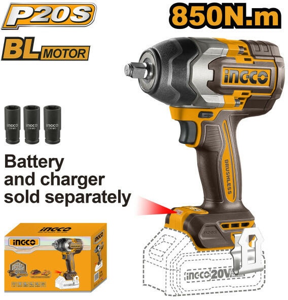 Reducere 27% - Masina de insurubat Pistol cu impact 850Nm, 1/2'', 2200bpm, 20v, brushless fara acumulator Ingco CIWLI20851 1 Masina de insurubat Pistol cu impact 850Nm