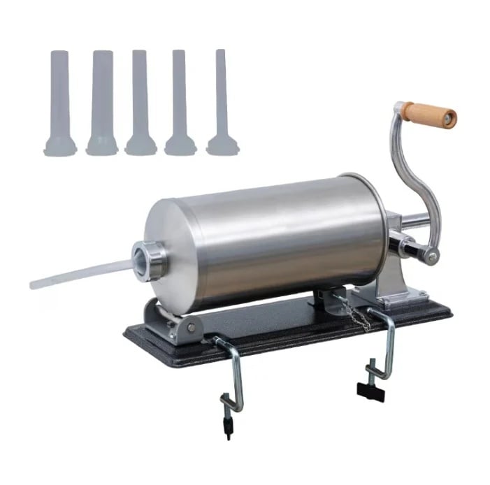Reducere 37% - Masina umplut Carnati Orizontala 4kg, INOX, 4 planii incluse, cu megina, maner lemn 2 INOX