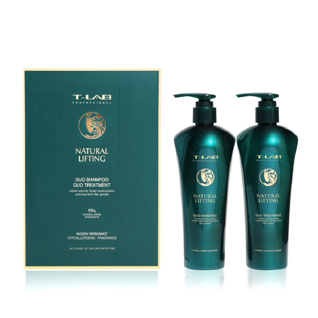 Reducere 25% - Set Profesional Duo Sampon si Tratament Natural Lifting, 600ml, T-LAB Professional 1 Set Profesional Duo Sampon si Tratament Natural Lifting