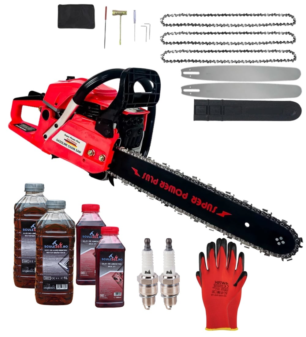 Reducere 42% - *PACHET* 8.8cp 58cmc Drujba benzina + 3 lanturi + 2 lame + x2 ulei ungere lant 1L + x2 ulei amestec 0.5L + x2 bujii + accesorii + manusi protectie CRAFT-TEC GERMANY, Super Power Plus *RED edition 1 *PACHET* 8.8cp 58cmc Drujba benzina + 3 lanturi + 2 lame + x2 ulei ungere lant 1L + x2 ulei amestec 0.5L + x2 bujii + accesorii + manusi protectie CRAFT-TEC GERMANY