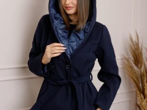 Palton dama elegant bleumarin cu gluga captusita