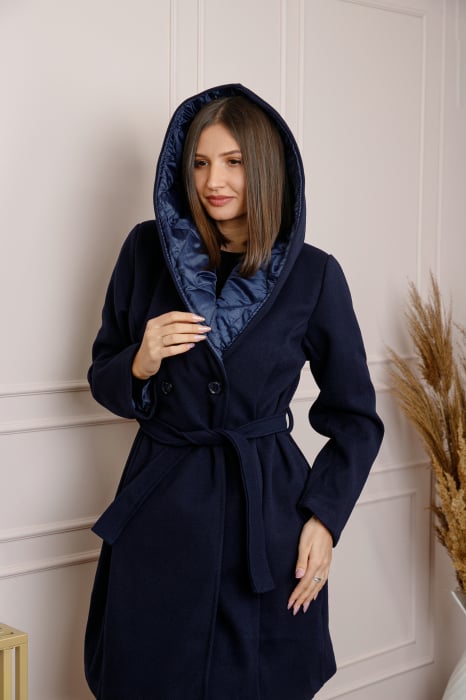 Reducere 40% - Palton dama elegant bleumarin cu gluga captusita 1 Palton dama elegant bleumarin cu gluga captusita