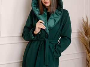 Palton dama elegant verde cu gluga captusita