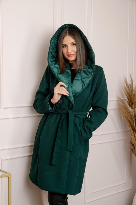 Reducere 40% - Palton dama elegant verde cu gluga captusita 1 Palton dama elegant verde cu gluga captusita