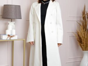Palton lung dama elegant cu nasturi decorativi - Alb