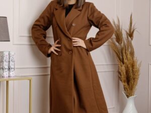 Palton lung dama elegant cu nasturi decorativi - Maro